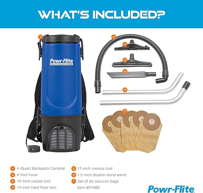 Powr-Flite Pro-Lite Backpack Vacuum Commercial Grade 4-Quart Canister Vacuum Cleaner Portable Vacuum with Tool Kit BP4S