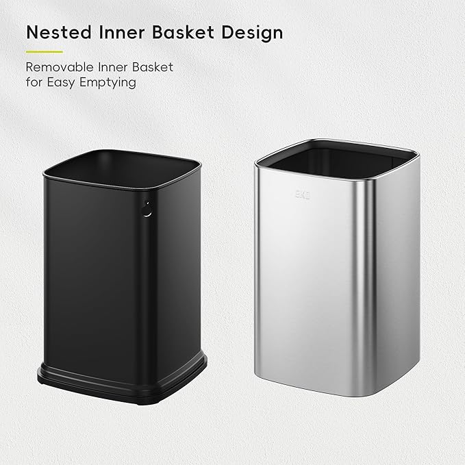 EKO 2-Pack Open Top Trash Can with Removable Inner Basket Square Small Garbage Can 1.8 + 3.2 Gallon Wastebasket Combo for Kitchen Bathroom Office Home (Stainless Steel)