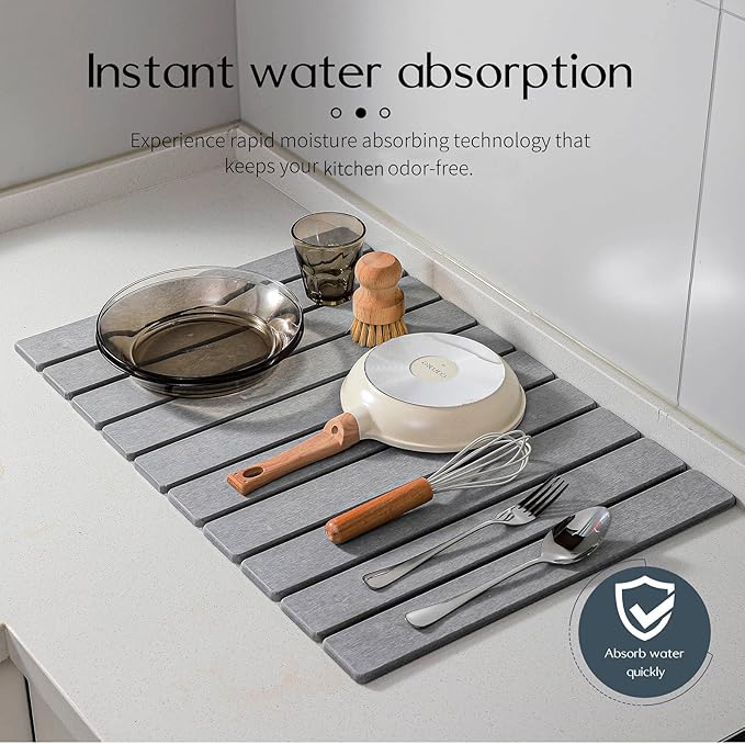Stone Drying Mat for Kitchen Counter Stone Dish Drying Mat Foldable Super Absorbent Diatomaceous Earth Quick-drying Draining Mat for any Kitchen Countertop (Medium Gray B 23.6”x15.4”)