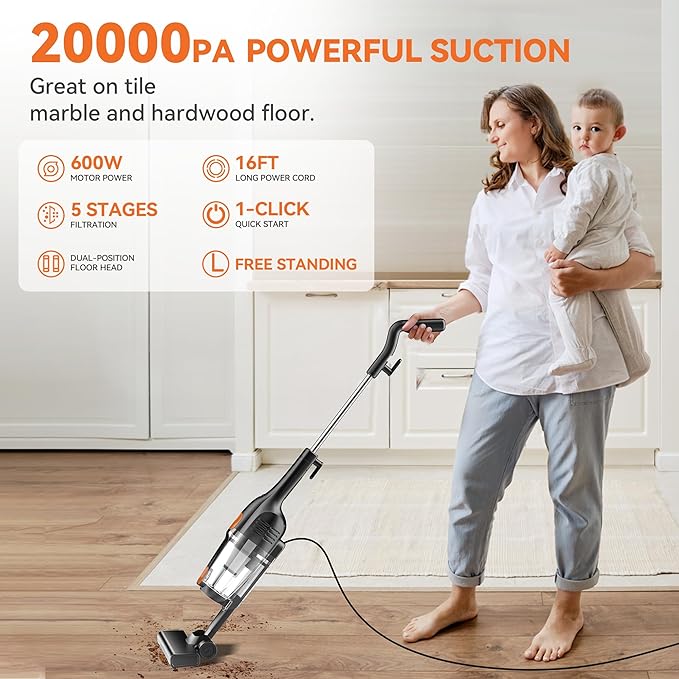 Vazone R6X Corded Stick Vacuum Cleaners for Home 20Kpa Powerful Suction Stick Vacuum with 16Ft Cord 2 in 1 Lightweight Handheld Vacuum Cleaner for Hardwood Floor Pet Hair