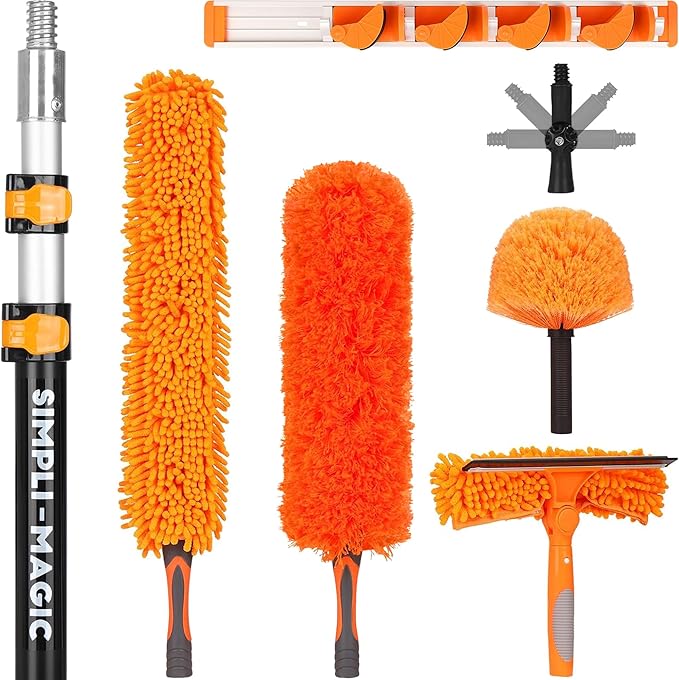 Simpli-Magic 20 Foot High Ceiling Duster Kits with 5-12ft Heavy Duty Extension Pole High Reach Duster for CleaningMicrofiber Feather DusterCobweb DusterCeiling Fan DusterWindow Squeegee &amp Cle