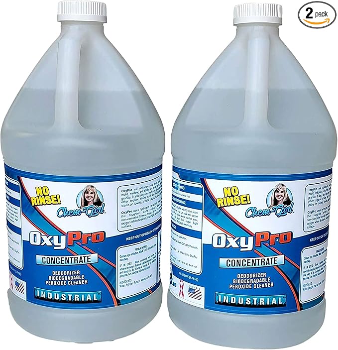 Chem-Girl OxyPro Concentrated Multi-Purpose Surface Cleaner to the Rescue - Chlorine-Free Oxygen-Powered Stain &amp Odor Remover 5 Percent Hydrogen Peroxide (H2O2) 1-Gallon 2-Pack