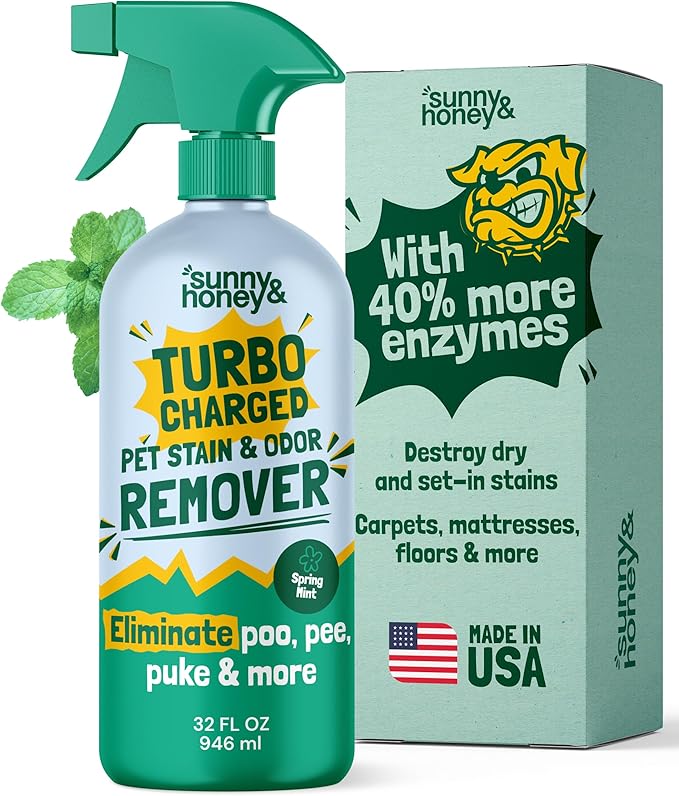Sunny &amp Honey Turbo Pet Stain and Odor Remover - 40% More Enzymes - Enzyme Cleaner for Dog Urine and Poop on Carpets and Furniture - Pet Carpet Cleaner Spray (32fl oz Mint)