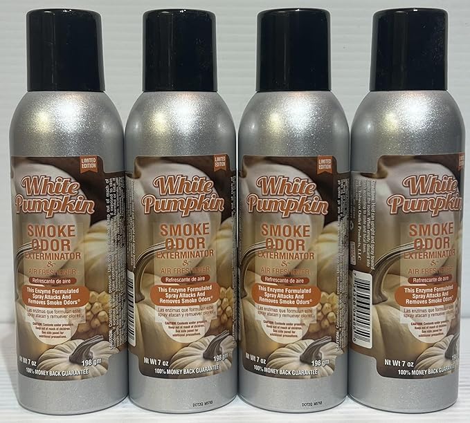 Smoke Odor Exterminator 198 gm/ 7 oz Large Spray White Pumpkin Set of Four Cans.
