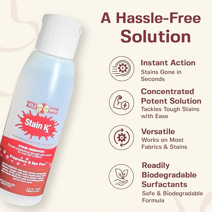 Stain Remover Effectively Eliminates Stains from Wine Berries &amp Blood on Fabrics Carpets Upholstery &amp Jewelry Dye-Free Bleach-Free Made in USA 2 fl. oz. (6 Pack) with a Flip-Top Cap