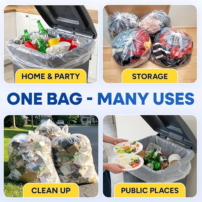 55-60 Gallon Trash Bags 1.5 Mil Fits Rubbermaid Brute Round and Square 32-55 Gallon Rollout Containers 43x47 Trash Can Liners Clear Garbage Bags 55 Gallon Pack of 100
