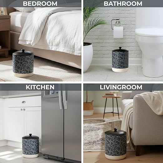 Escenzy Textured Luxury Stone Bathroom Trash Can with Lid 5L | 7 x 10 | High End Ceramic Trash Can | Decorative Waste Basket for Bathroom Bedroom Kitchen Hotels or Living Room Decor | Ideal Gift