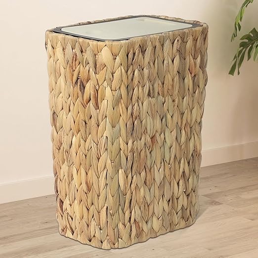 Dawn 2.6 - Gallon Boho Rattan Trash Can with Press - Top Lid - 2 - in - 1 Wastebasket &amp Hamper for Bathroom Kitchen Living &amp Bedroom
