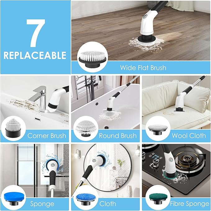 Electric Spin Scrubber Cordless Cleaning Brush with 180 Min Runtime 3-Speed 7 Replaceable Brush Heads &amp Long Detachable Handle LCD Display (RPM/Torque/Battery) for Bathroom Kitchen Tile