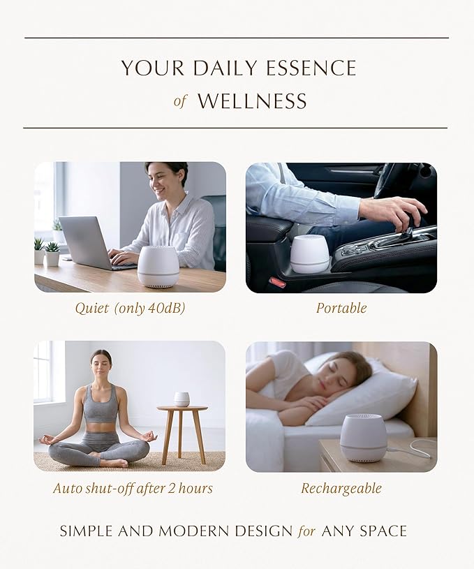 Waterless Diffuser Starter Kit (Jasmine Essential Oil) Gift Car Air Freshener - Cordless Rechargeable Battery Small Quiet Adjustable Scent Level &amp Light - 200 sqft Small Home Office