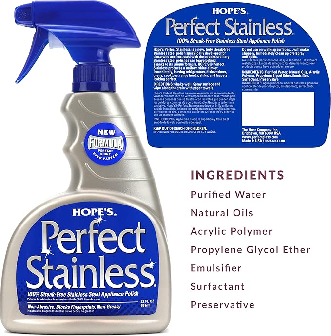 HOPE'S Perfect Stainless Steel Cleaner 22-Ounce Streak-Free Self- Polishing Formula Blocks Fingerprints Pack of 2 44 Fl Oz