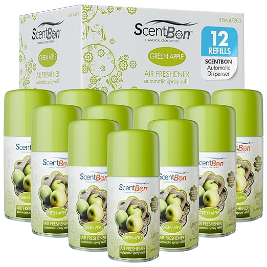 ScentBon Air Freshener Refill Metered Aerosol Can Cinnamon Fresh Linen Green Apple Mango Ocean Vanilla Pack of 12 (12 Green - Green Apple Scent)