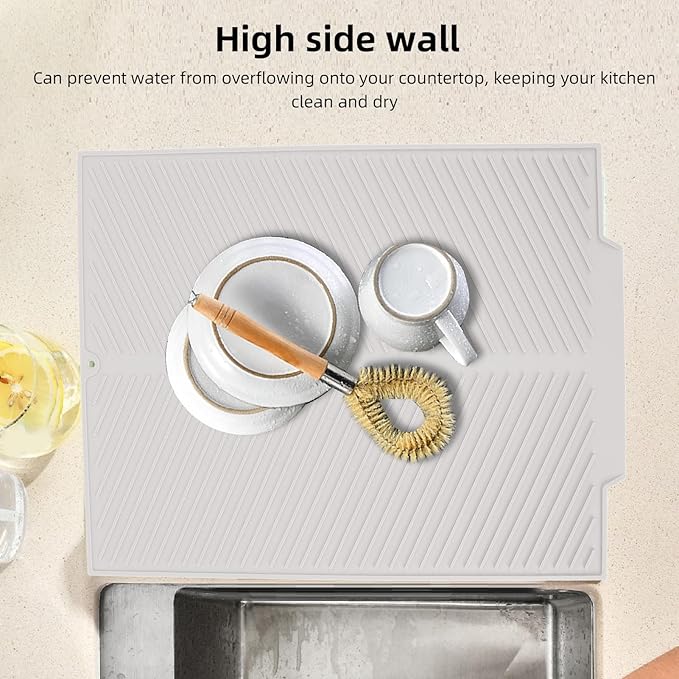 Draining Board Mat Non Slip Silicone Dish Drying Mat Flume Drain Board Drainer Mat for Kitchen Countertop Tabletop Accessories (White)