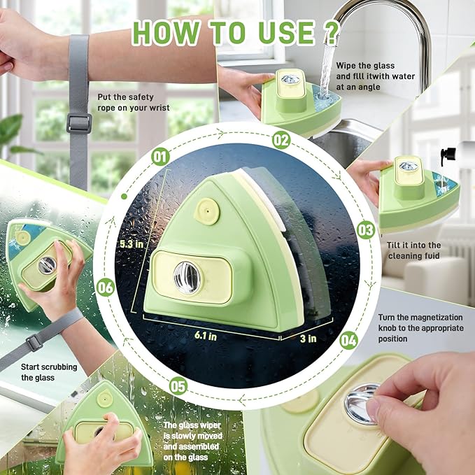Double-Sided Magnetic Window Cleaner - Adjustable Magnetic Double Window Wiper Fits 3-30 mm Glass Thickness 2.5m Safety Rope for High-Rise &amp Auto Glass Safe Anti-Pinch Wiper(Green)