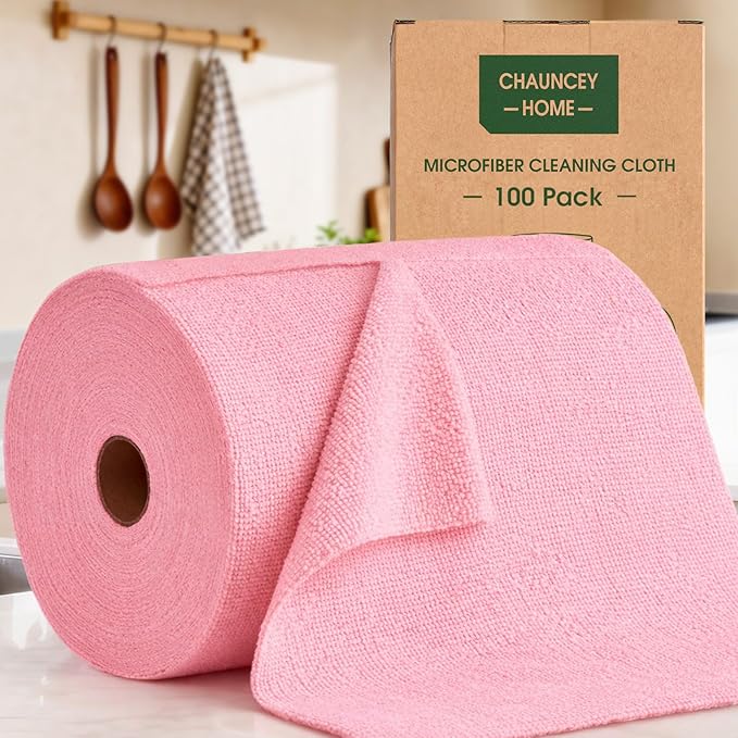 Microfiber Cleaning Cloth Roll - 100 Pack Tear Away Microfiber Paper Towels Reusable Washable Scratch-Free Kitchen Towels for Car Home Kitchen Glass Dishes(Pink)