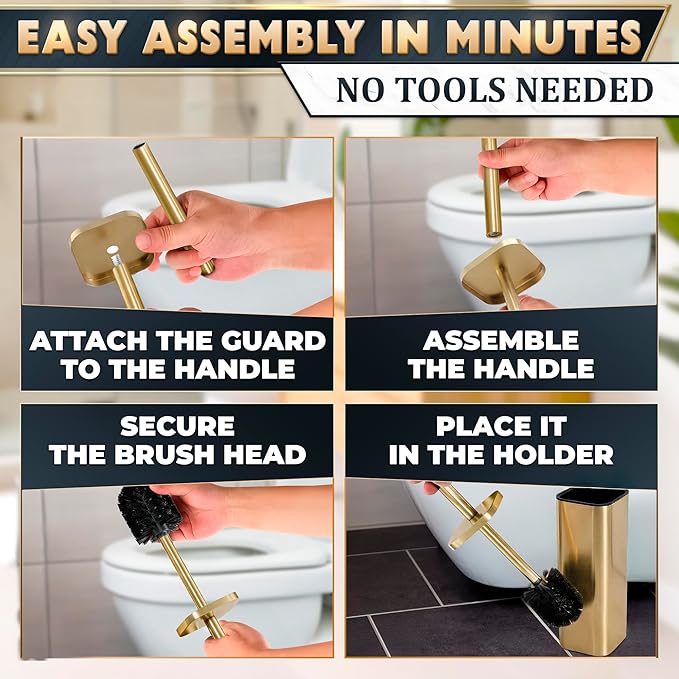 Gold Toilet Brush with Square Holder - Toilet Brush and Holder Set Gold Stainless Steel Handle with Splash Shield Replaceable Head and Removable Inner Cup - Freestanding Bathroom Toilet Cleaning Set