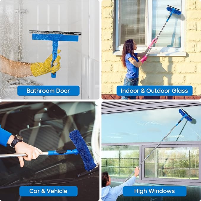 Window Squeegee 2-in-1 Window Cleaner with Removable Extension Poles 177'' Window Washing Kit Glass Door Cleaner Multi-Use Car Windshield Cleaning Tool with 1 Blade 3 Scrubber for High Outdoor Window