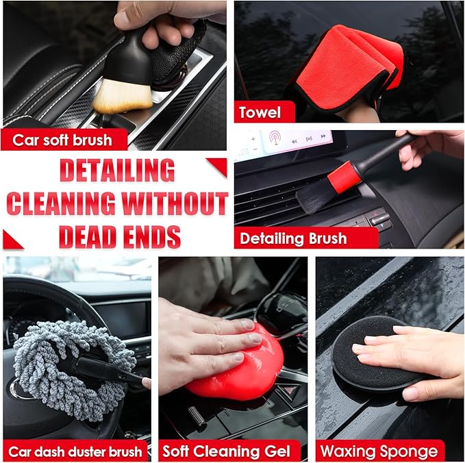 Viewsun 17PCS Car Cleaning Kit Red Car Interior Detailing Kit with High Power Handheld Vacuum Detailing Brush Set Windshield Cleaner Cleaning Gel Complete Auto Accessories for Women Girls Gift