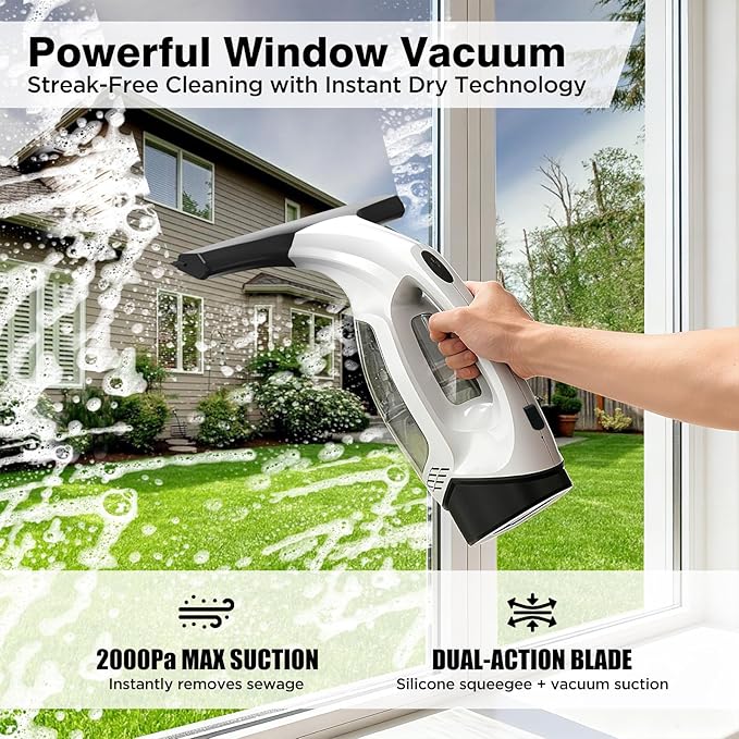 Window Vacuum Squeegee Cordless Electric Window Cleaner Tool with &amp Water Collection Tank Cleaning Kit Shower Squeegee for Glass Doors Windows Mirrors Car