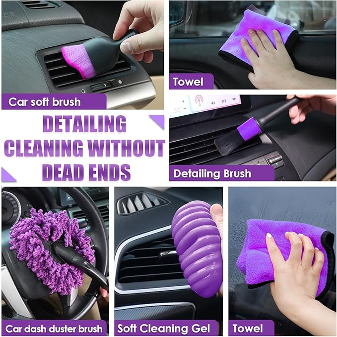 Viewsun 17PCS Car Cleaning Kit Purple Car Interior Detailing Kit with High Power Handheld Vacuum Detailing Brush Set Windshield Cleaner Cleaning Gel Complete Auto Accessories for Women Gift