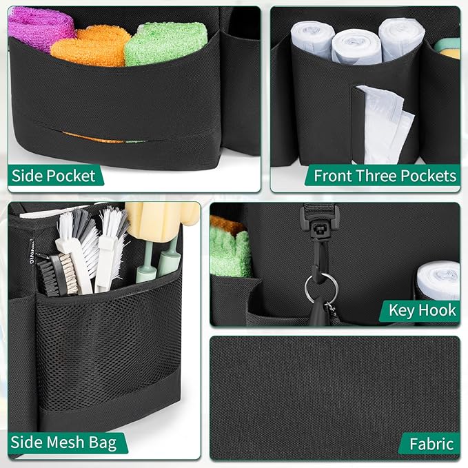 Wearable Cleaning Caddy Bag for Cleaning Supplies Large Capacity Cleaning Organizer Tote Bag Kitchen Cleaning Supplies Storage Bag for Cleaners Housekeepers (Black)