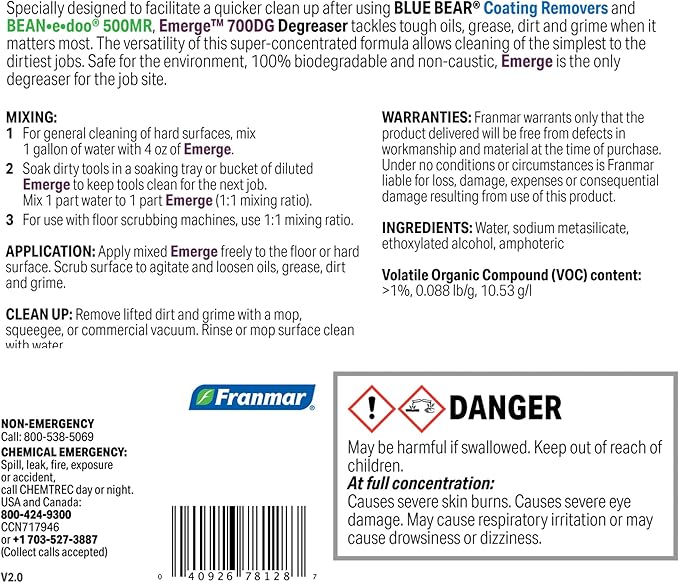 BLUE BEAR 700DG: Emerge Degreaser – Low-Odor Biodegradable Cleaner Removes Oil Grease Dirt &amp Grime from Concrete Tile Wood Stone &amp Tools – Safe for Heavy-Duty &amp Everyday Cleaning – 1
