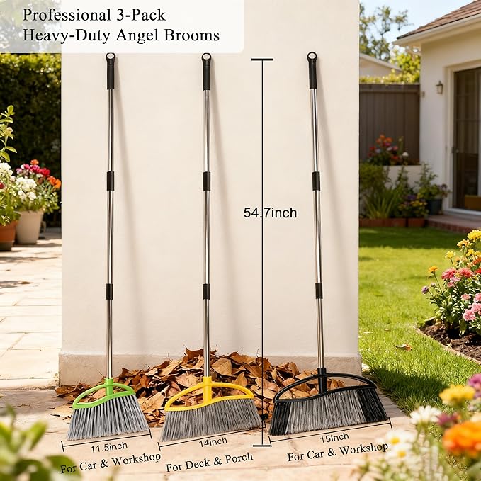 3 Pack Wide Heavy Duty Angle Broom - Stiff Bristle Outdoor Brooms for Sweeping Patio Garden Garage Yard (Black Yellow Green)