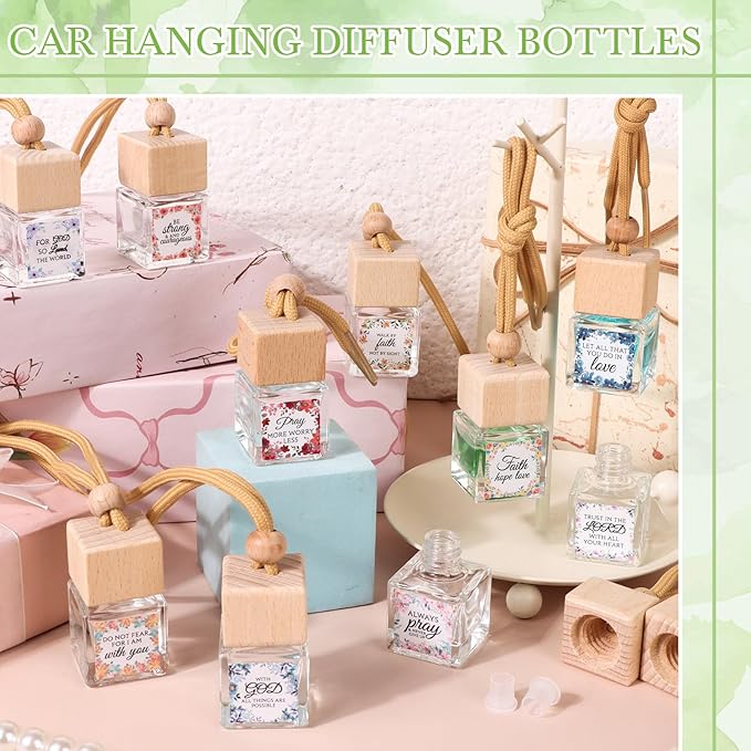 50 Pack Christian Thank You Gift Bulk for Mother Hanging Car Air Freshener Diffuser Empty Essential Oil Glass Car Bottle Employee Team Appreciation Gift for Christian Sunday School(Square)