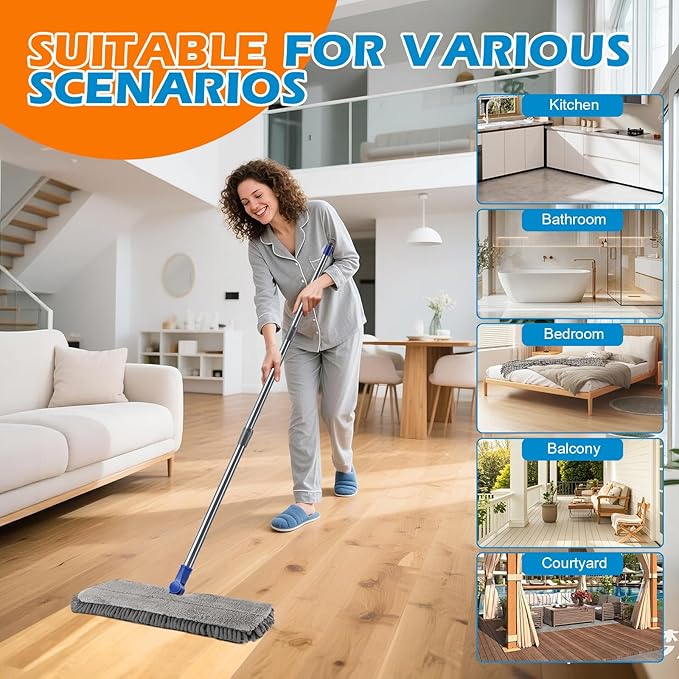 Mops for Floor Cleaning Masthome Flat Dust Mop with 4 Reusable Pads 2-Sided Microfiber Dust Mop for Wet &amp Dry Use Flat Flip Mops for Hardwood Laminate VinylKitchen Tile -1 Scraper