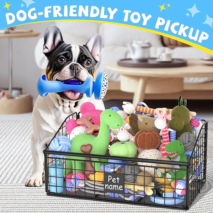 Indestructible Dog Toy basket Medium Toy Box for DogsPet Toy Bin Dog Metal Basket for Toys Toy Storage Organizer Toy Box for Living Room Area (Black)