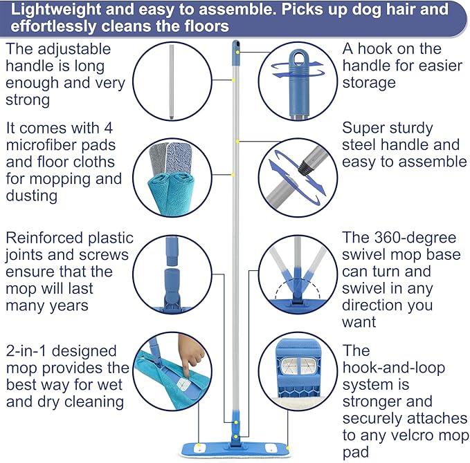 Microfiber Mops for Floor Cleaning Multi Surface Floor Cleaner with 2 Microfiber Dry Wet Mop Pads + 2 Dusting Clothes for Sweeping and Mopping
