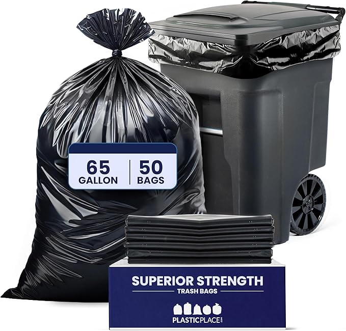 Plasticplace 65 Gallon Trash Bags │ 3.0 Mil │ Black Heavy Duty Garbage Can Liners │ 50” X 48” (50Count)