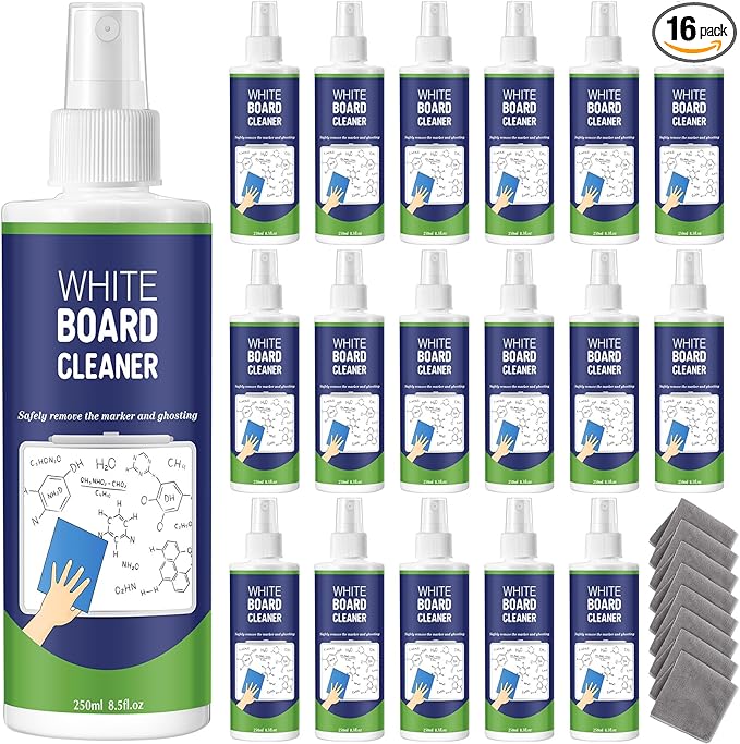16 Pack Whiteboard Cleaner Spray 8.5oz Dry Erase Board Cleaner with 8 Cloths Non Toxic Dry Erase Cleaner Removes Stubborn Marks from Whiteboards