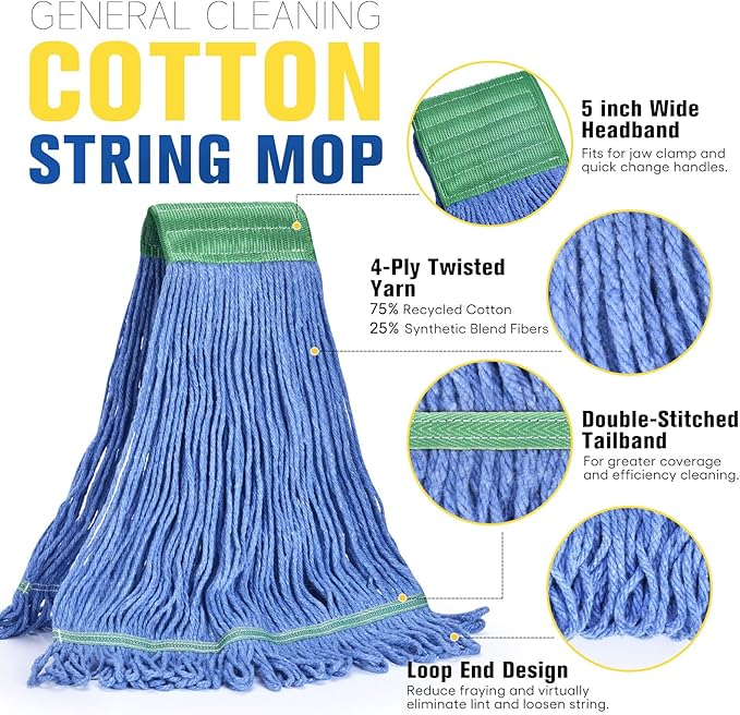 Matthew Cleaning Commercial Mop Head Replacement 5 Inch Wide Headband Looped End Cotton Blend String Wet Mops for Floor Cleaning 18 oz Medium 6-Pack Blue