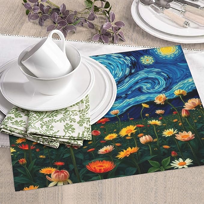 Starry Night Flowers Dish Drying Mat for Kitchen Counter 16x18 Microfiber Absorbent Fast Dry Mat 2Pcs Dish Mat Faucet Mats Sets Large Drying Kitchen Mat Kitchen Drying Pad