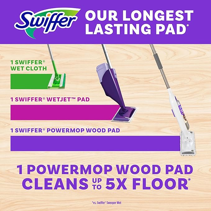 Swiffer Power Mop Wood Hardwood Floor Cleaner for Mopping Home Bathroom Kitchen All Purpose Multi-Surface Cleaning Set includes PowerMop Wood 2 Pads 1 QuickDry Lemon Solution &amp 2 Batteries