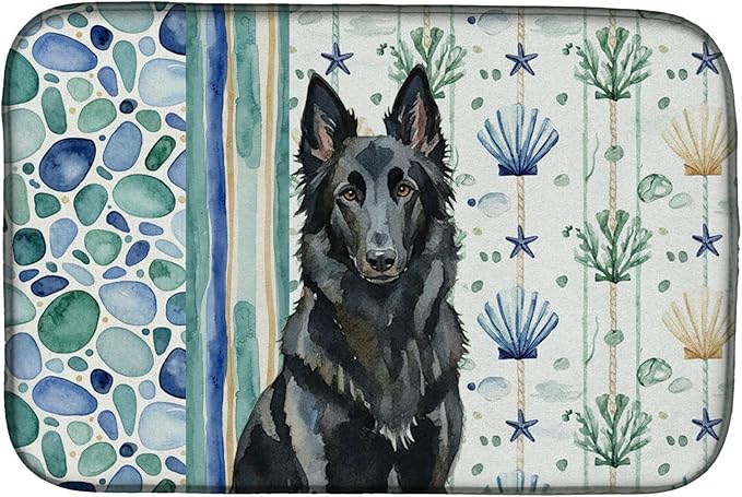 Caroline's Treasures Belgian Sheepdog Groenendael Coastal Sea Glass Dish Drying Mat Absorbent Dish Drying Mat Pad for Kitchen Counter Dish Drainer Mat for Countertop 14 x 21 Multicolor