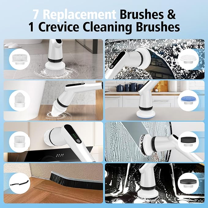Electric Spin Scrubber Dreazu IPX7 Shower Scrubber with 7 Replaceable Brush Heads &amp Retractable Handle 2-Speed Adjustable Shower Cleaner for BathroomToilet Bathtub Kitchen Tile Floors