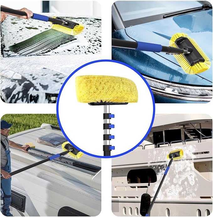 18Ft Reach Car Wash Brush with Long Handle Car Cleaning Brush 12-Inch Soft Bristles 3-12Foot Aluminium Telescoping Pole for Scratch-Free Cleaning RV Car Boats Truck Floors Solar Panels