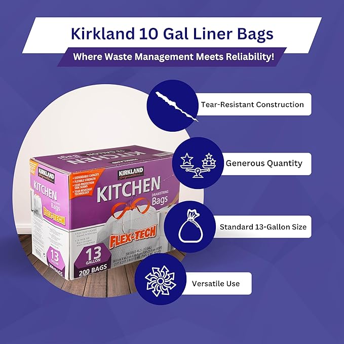 Worldwide Nutrition Bundle Compatible with Kirkland Signature Flex-Tech 13 Gallon Kitchen Garbage Bags with Drawstring Closure - 200 Count Pack of Tall Trash Bags for Kitchen with Keychain