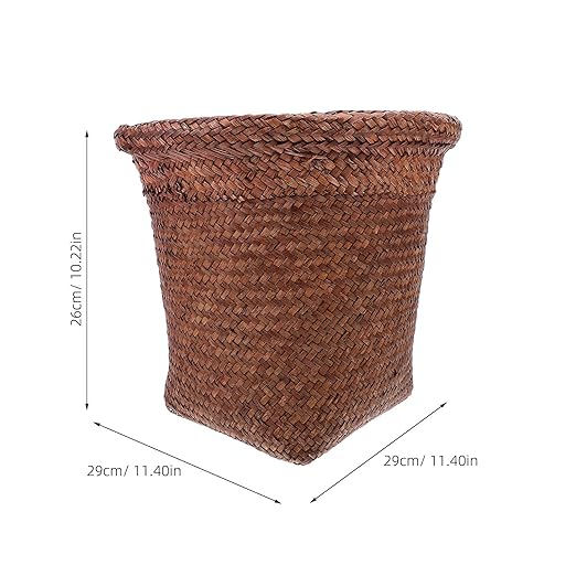 Straw Woven Wastebasket Small Trash Can Coffee Color Medium Size Household Office Waste Paper Basket for Bedroom Bathroom Countertop Use