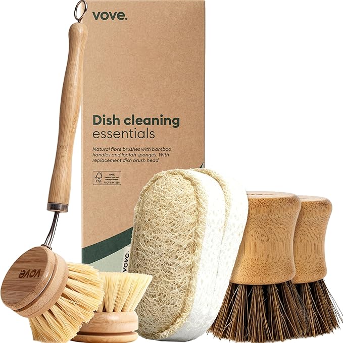 Vove Cleaning Essentials Set – Bamboo Dish Brush with Replacement Head 2 Scrub Brushes 2 Scrub Sponges – FSC Certified Plastic-Free Natural Bristles &amp Loofah – Eco-Friendly Kitchen Cleaning Ki