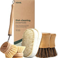 Vove Cleaning Essentials Set – Bamboo Dish Brush with Replacement Head 2 Scrub Brushes 2 Scrub Sponges – FSC Certified Plastic-Free Natural Bristles &amp Loofah – Eco-Friendly Kitchen Cleaning Ki