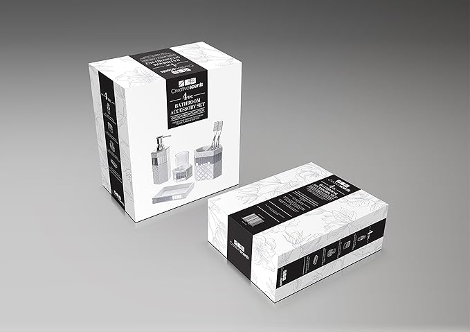 Creative Scents Quilted Mirror White Bathroom Accessories Set - Decorative 4 Piece Bathroom Set - Mirrored Bathroom Accessory Set Includes: Soap Dispenser Toothbrush Holder Tumbler &amp Soap Dish