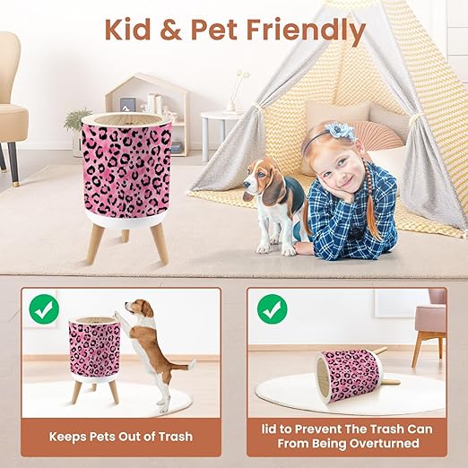 Bathroom Trash Can with Lid Pink Leopard Print Black Spots Watercolor Garbage Bin Waste Basket for Kitchen Office Bedroom Decoration Diaper Pail 1.8 Gallon