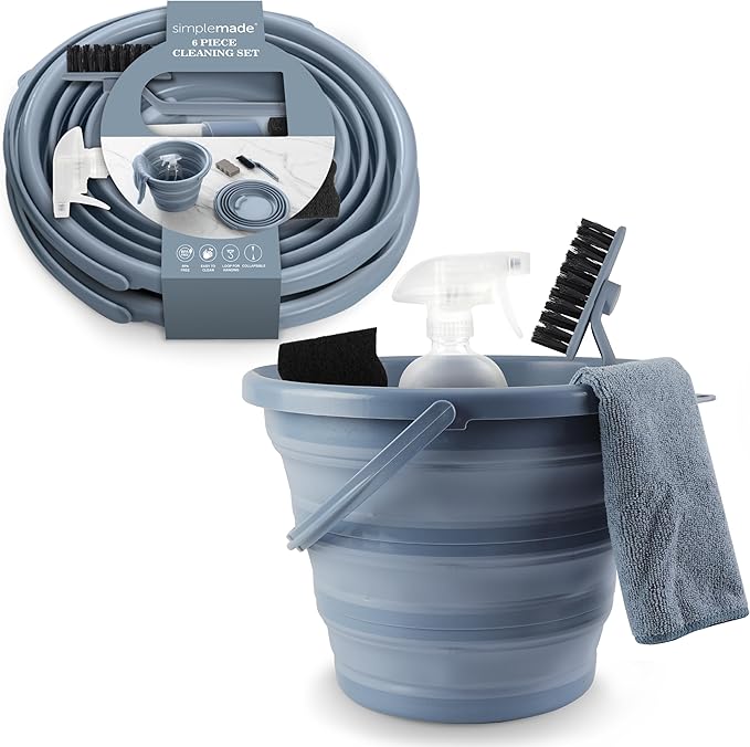 SIMPLEMADE Collapsible Bucket Cleaning Set - Includes 2 Foldable Buckets Spray Bottle Rag Scrubbing Brush and Sponge - Holds Up to 10 liters Easy Storage All-Purpose Cleaning Solution