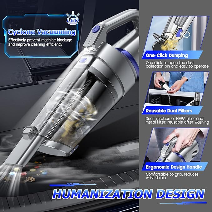 Handheld Vacuum Cordless 16000PA Strong Suction Hand Held Car Vacuum Cleaner Portable Hand Vacuum Rechargeable with Multi-Nozzles &amp LED Light for Home Car Office Pets