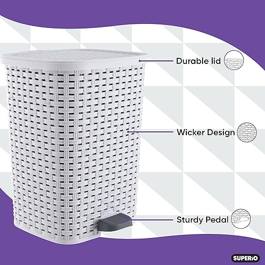 Superio Small Outdoor Trash Can with Lid for Dog Poop 6.8 Gallon/26 L Step On Plastic Garbage Can with Foot Pedal for Bathroom Bedroom Office Patio Wicker Smoke