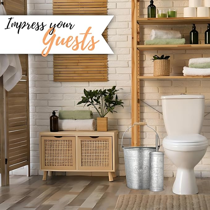 Autumn Alley Rustic Farmhouse Bathroom Trash Can and Toilet Brush Set - Rustic Bathroom Accessories for Charming Galvanized Bathroom Décor Galvanized Grey 2 Gal. Capacity
