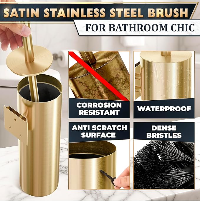 Gold Toilet Brush and Holder Set with Wall Mount - Modern Wall Mounted Toilet Brush Made from Corrosion-Resistant Stainless Steel - Removable Inner Bowl Splash Protection &amp Dense Bristles Supplie